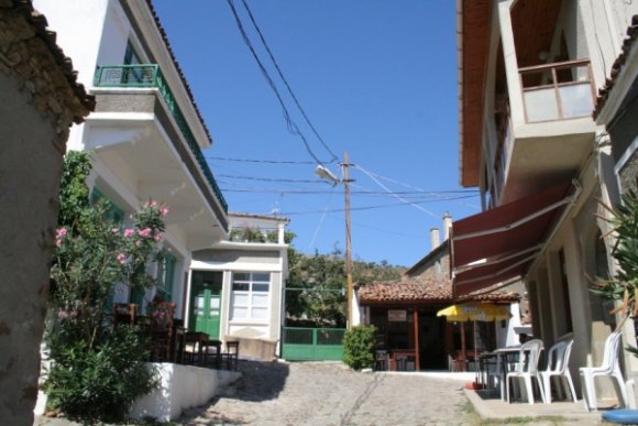 Zeytinliköy köy meydanı. Tam karşısıdaki sarı şemsiyenin olduğu yer Madamın dibek kahvesi.